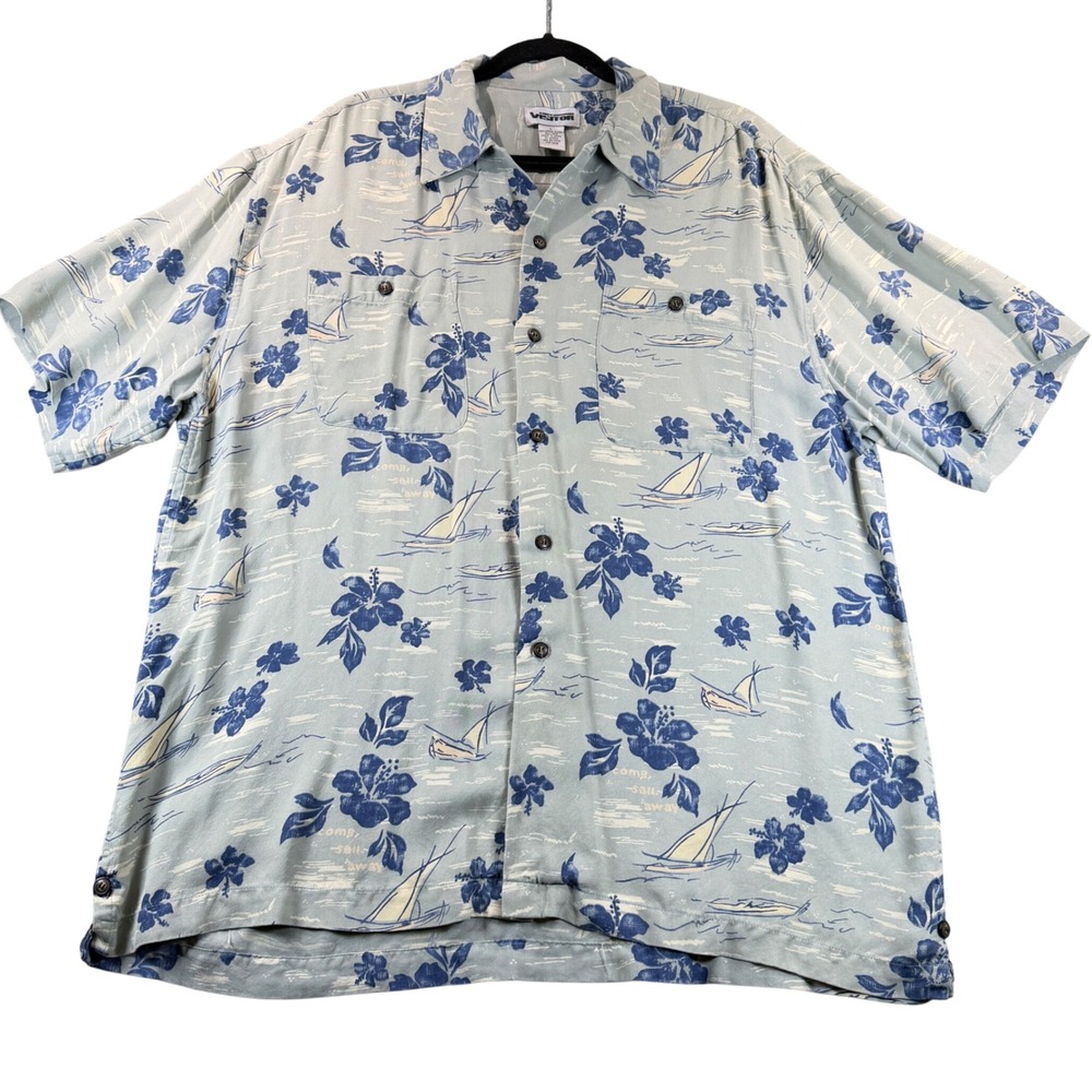 Visitor Hawaiian Shirt 100% Silk Tropical Floral Sailboat Large Blue Aloha Beach